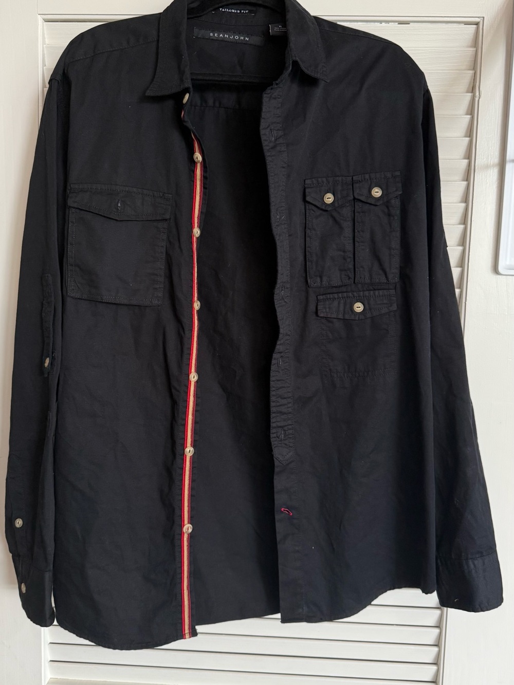 Sean John Black Lightweight Button-Up Shirt Jacket with Red Trim